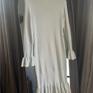 Reiss Cream Ruffled Sheath Dress with Bishop Sleeves